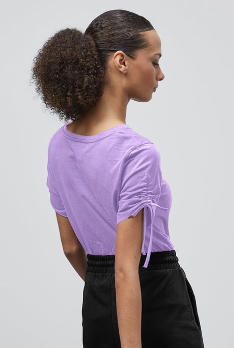 Purple Ruched Sleeves Chest Printed T-Shirt
