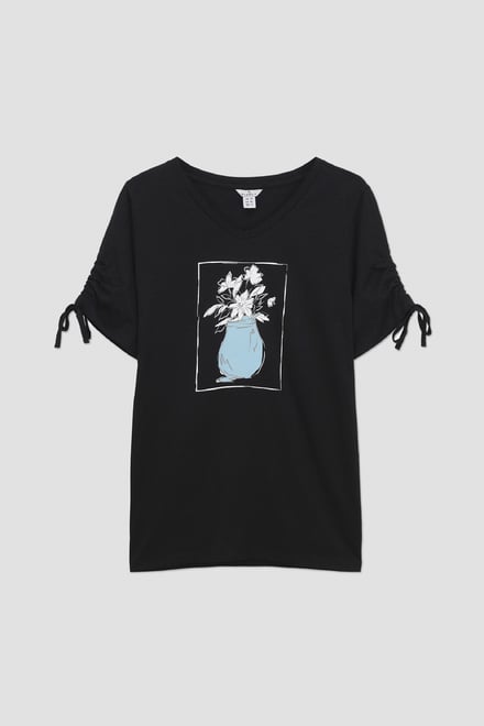 Ruched Sleeves Chest Printed T-Shirt