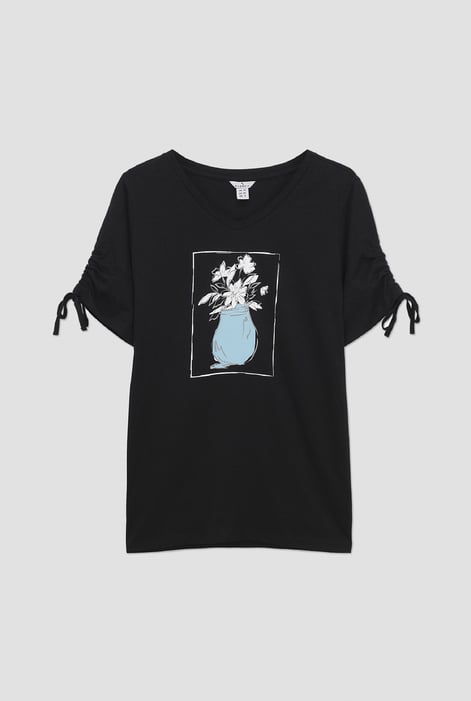 Black Ruched Sleeves Chest Printed T-Shirt