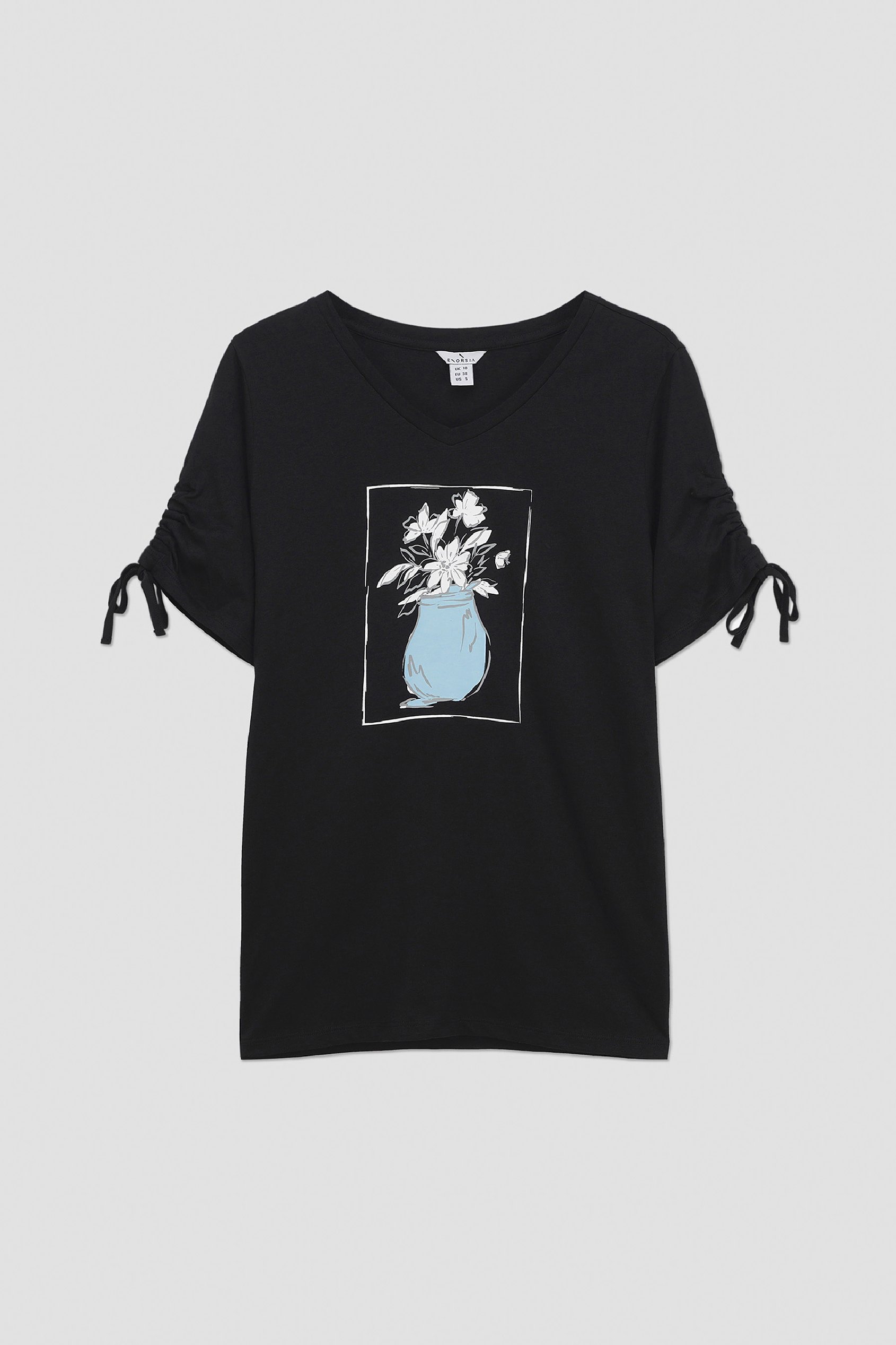 Enorsia Women's Black Ruched Sleeve Graphic T-Shirt - Uk 14