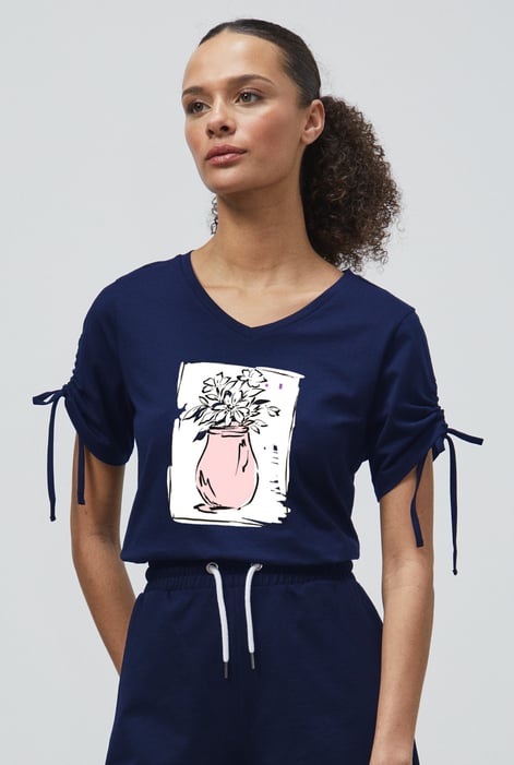Green Ruched Sleeves Chest Printed T-Shirt
