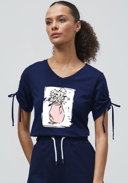Ruched Sleeves Chest Printed T-Shirt