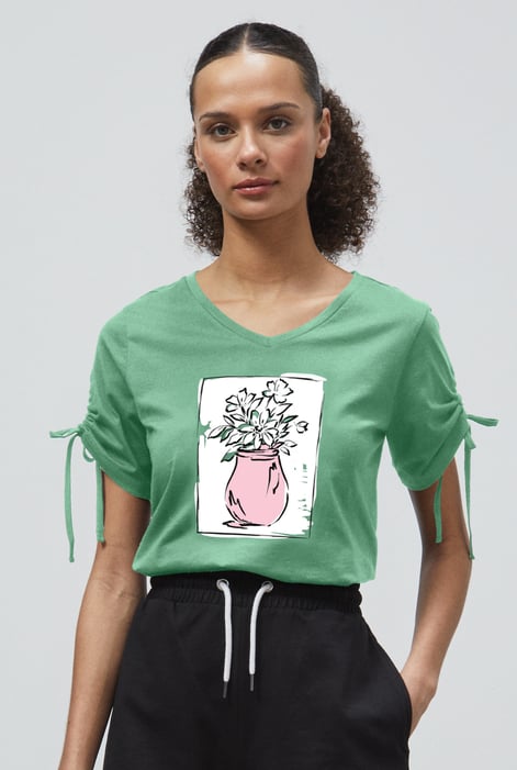 Green Ruched Sleeves Chest Printed T-Shirt
