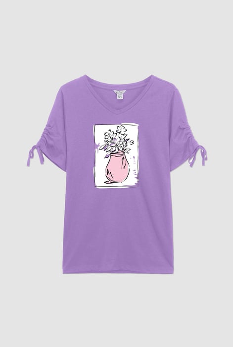 Black Ruched Sleeves Chest Printed T-Shirt