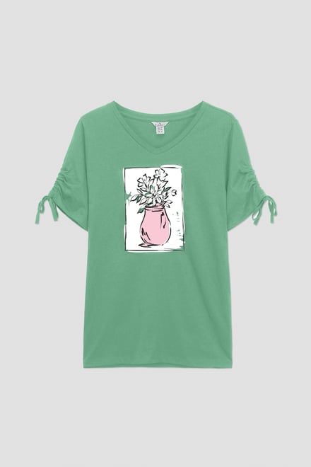 Ruched Sleeves Chest Printed T-Shirt