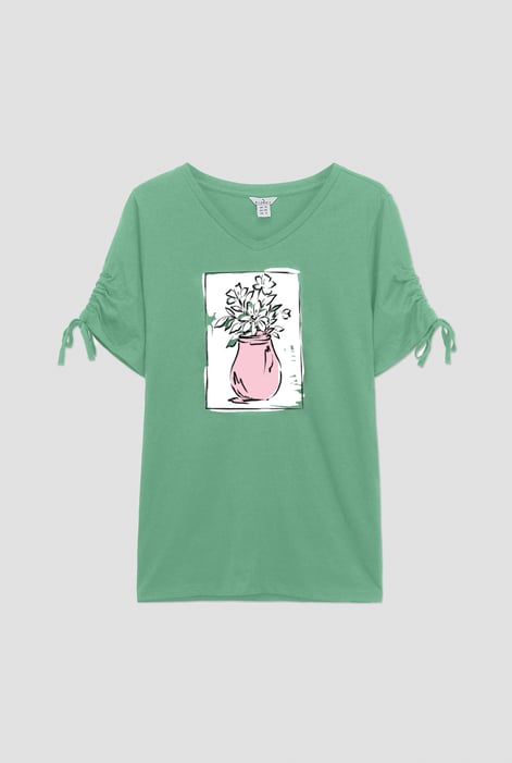 Black Ruched Sleeves Chest Printed T-Shirt