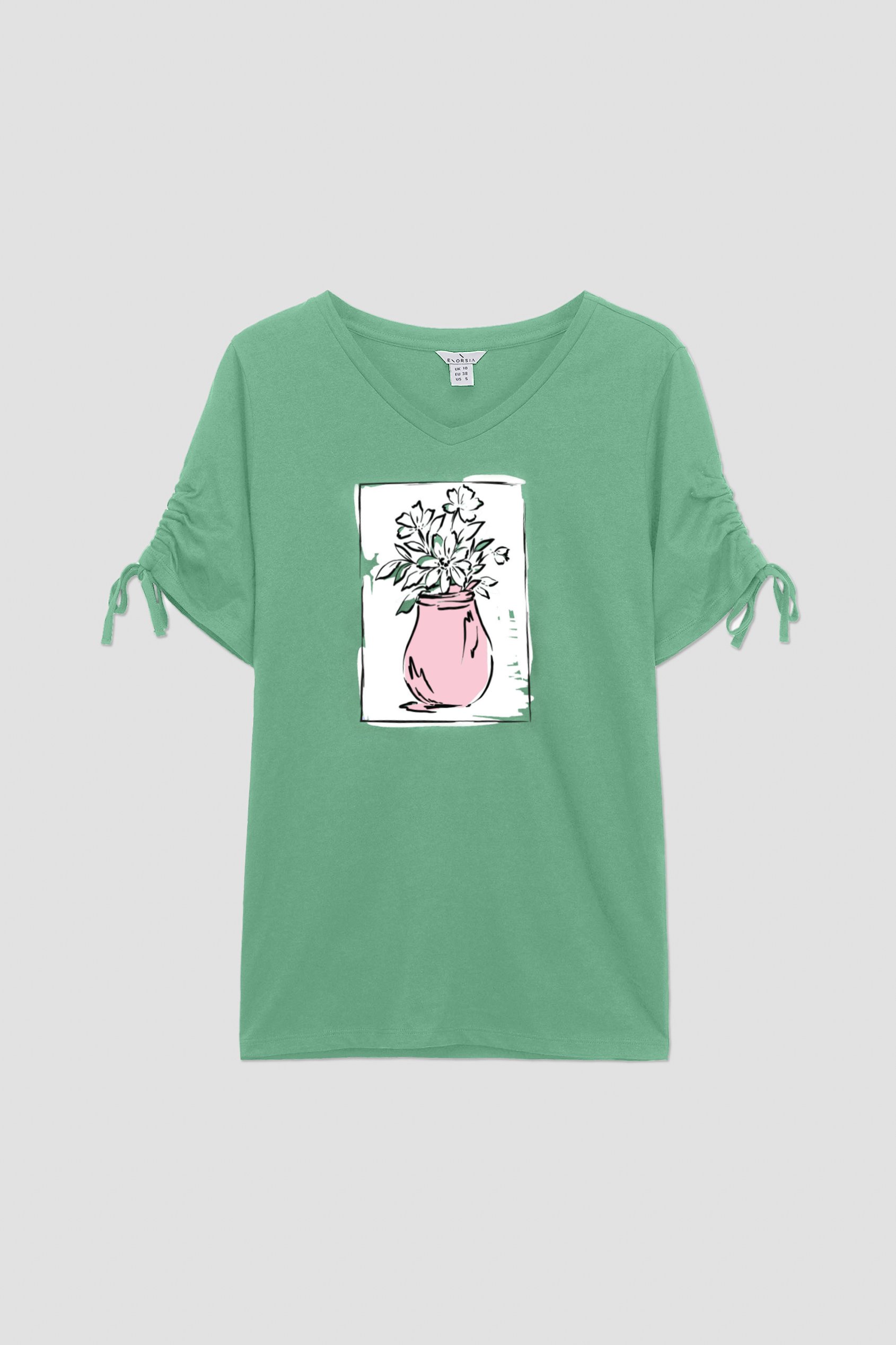 Enorsia Women's Green Ruched Sleeve Graphic T-Shirt - Uk 14