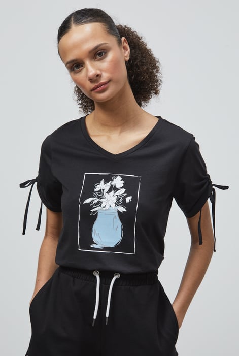 Green Ruched Sleeves Chest Printed T-Shirt