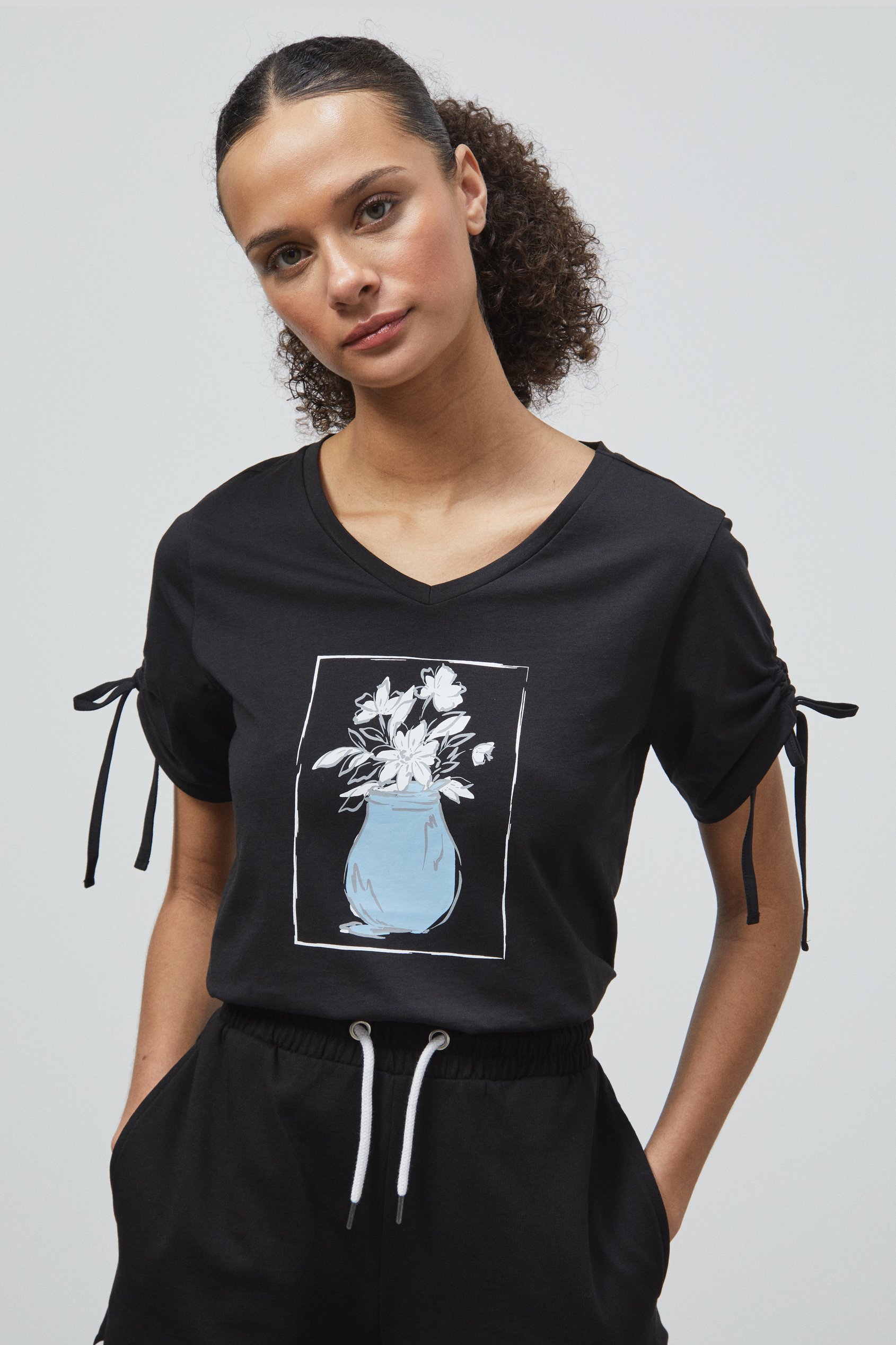 Enorsia Women's Black Ruched Sleeves Chest Printed T-Shirt - Uk 16