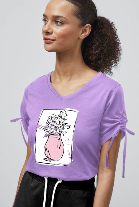 Green Ruched Sleeves Chest Printed T-Shirt