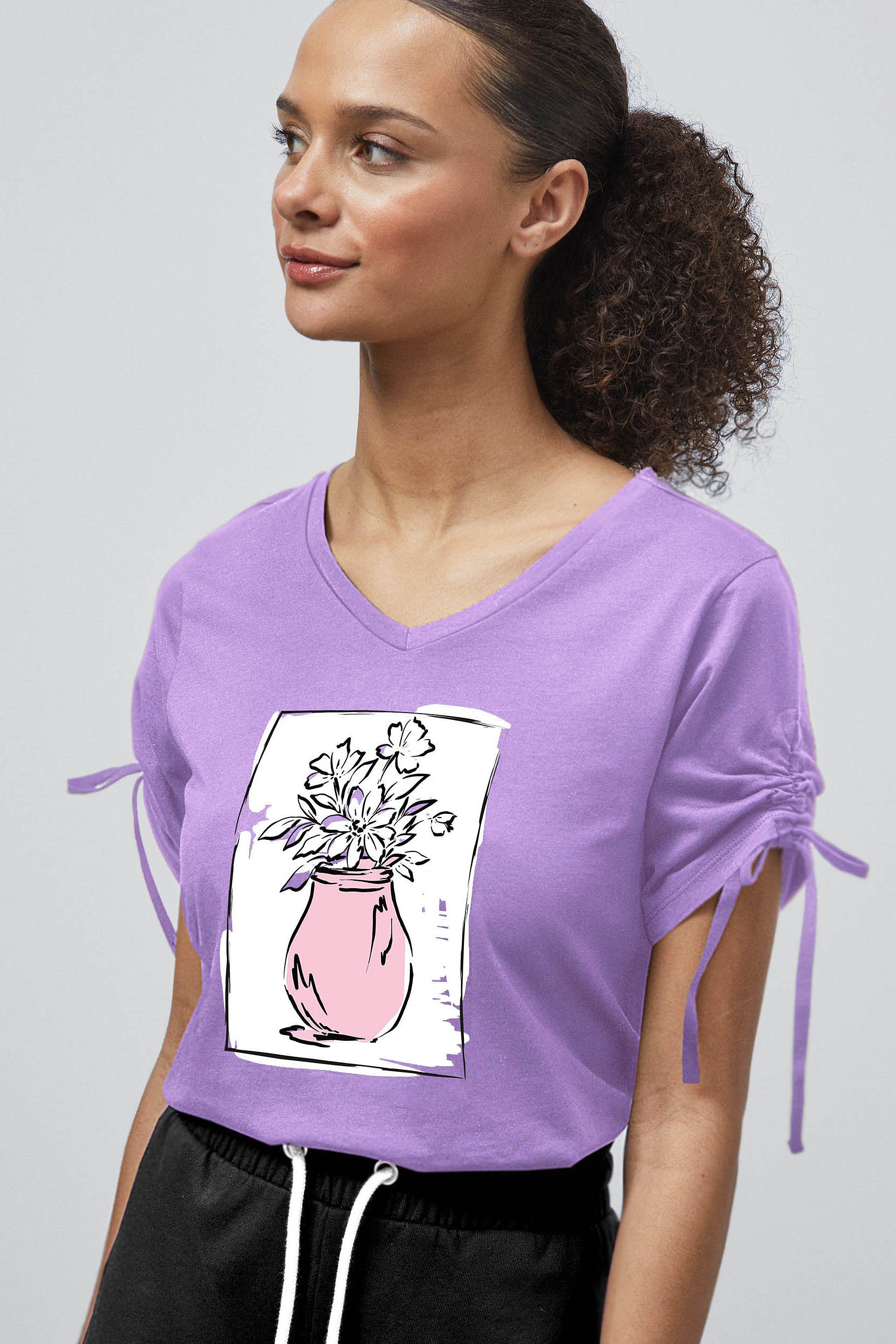 Enorsia Women's Purple Ruched Sleeves Chest Printed T-Shirt - Uk 16