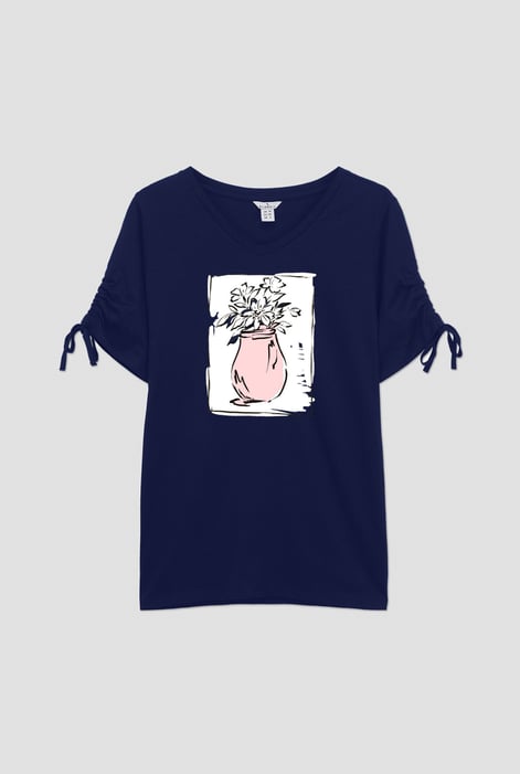 Black Ruched Sleeves Chest Printed T-Shirt