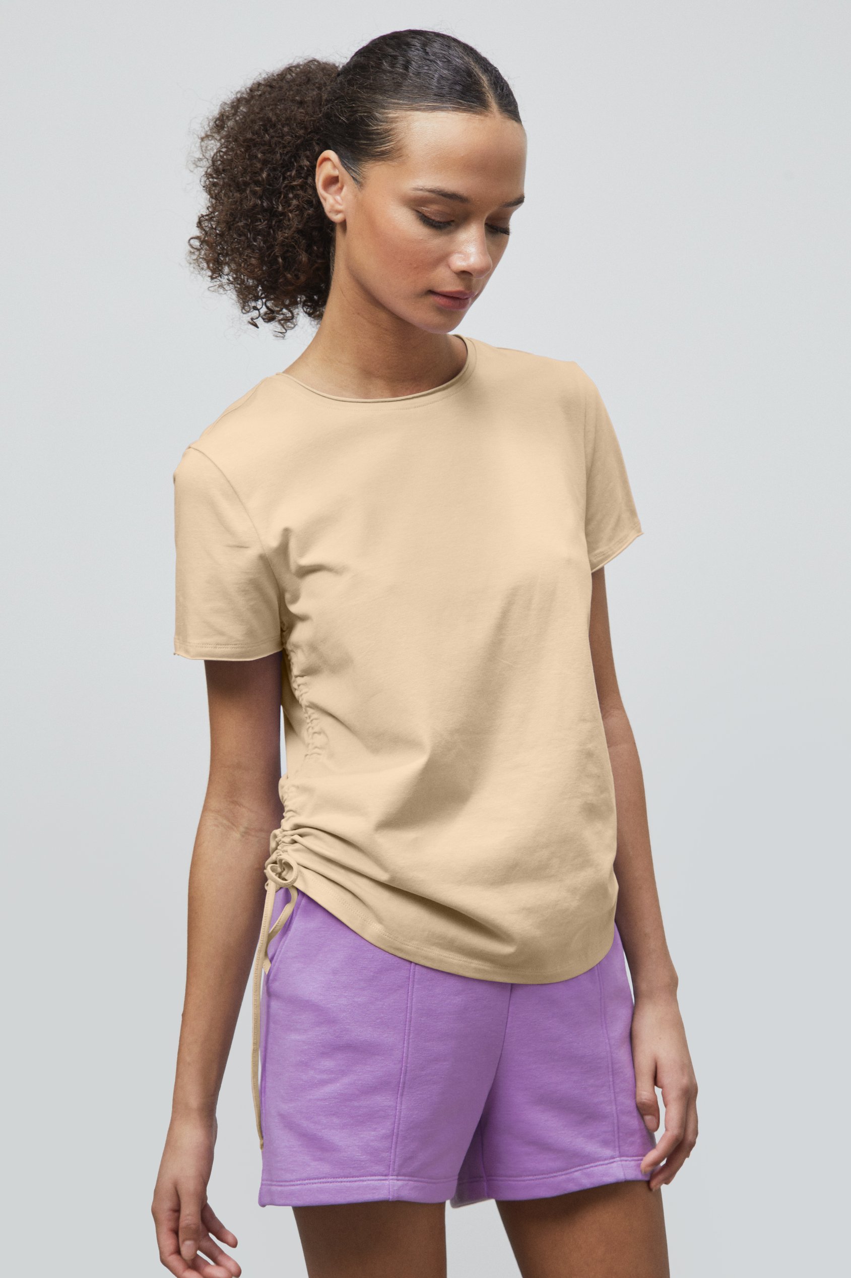 Enorsia Women's Cream Ruched Side Seam T-Shirt - Uk 18