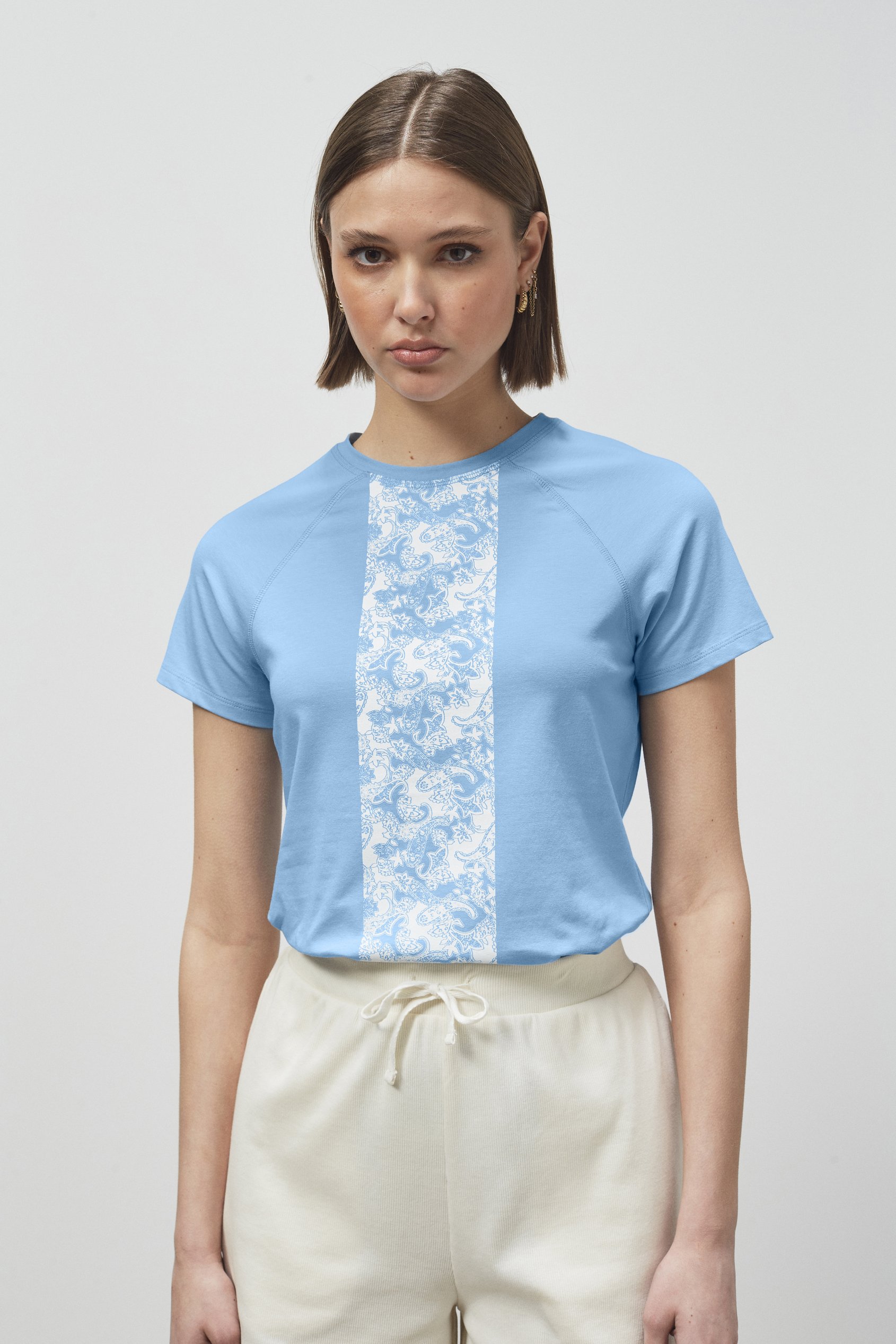 Enorsia Women's Blue Patch Print Short Sleeve Raglan T-Shirts - Uk 16