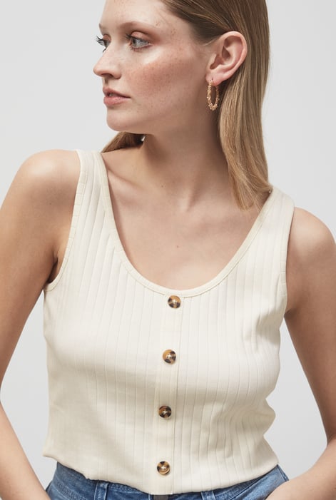 Cream Ribbed Front Button Tank Top