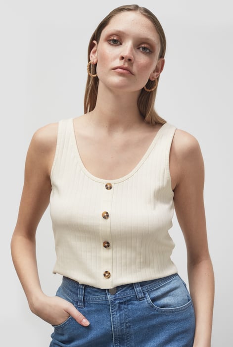 Cream Ribbed Front Button Tank Top