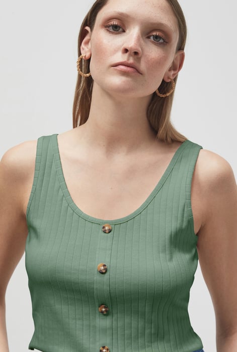 Green Ribbed Front Button Tank Top