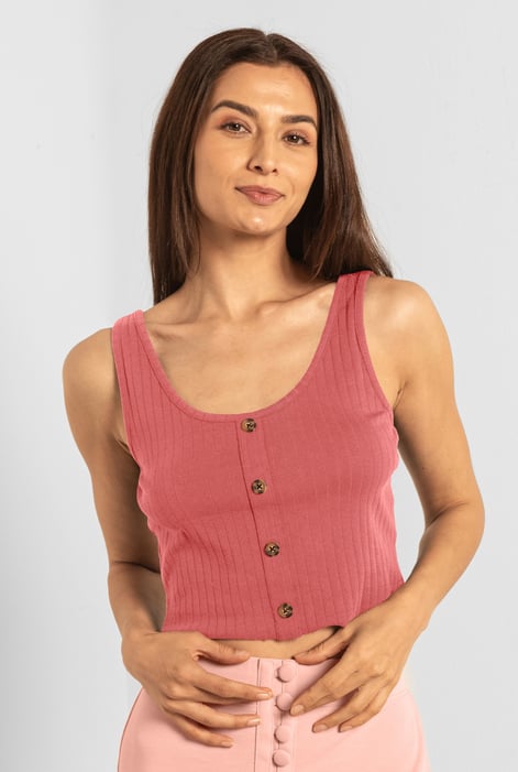 Cream Ribbed Front Button Tank Top
