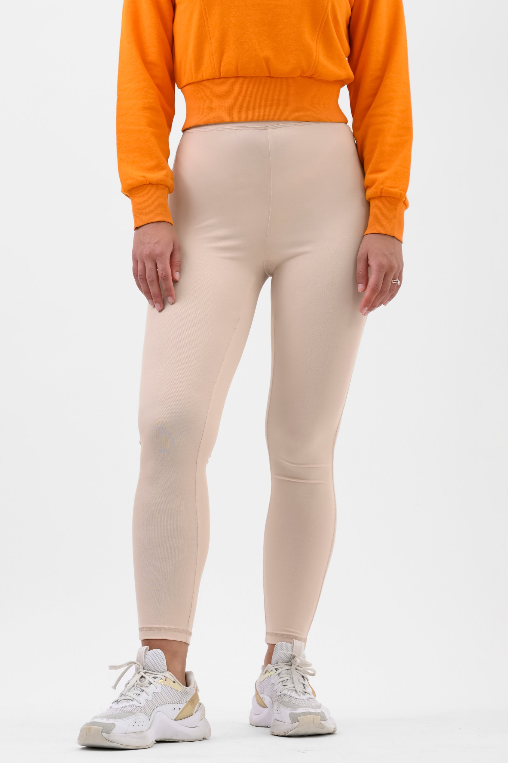 Enorsia Women's Cream High Waist Ribbed Leggings - Uk 10