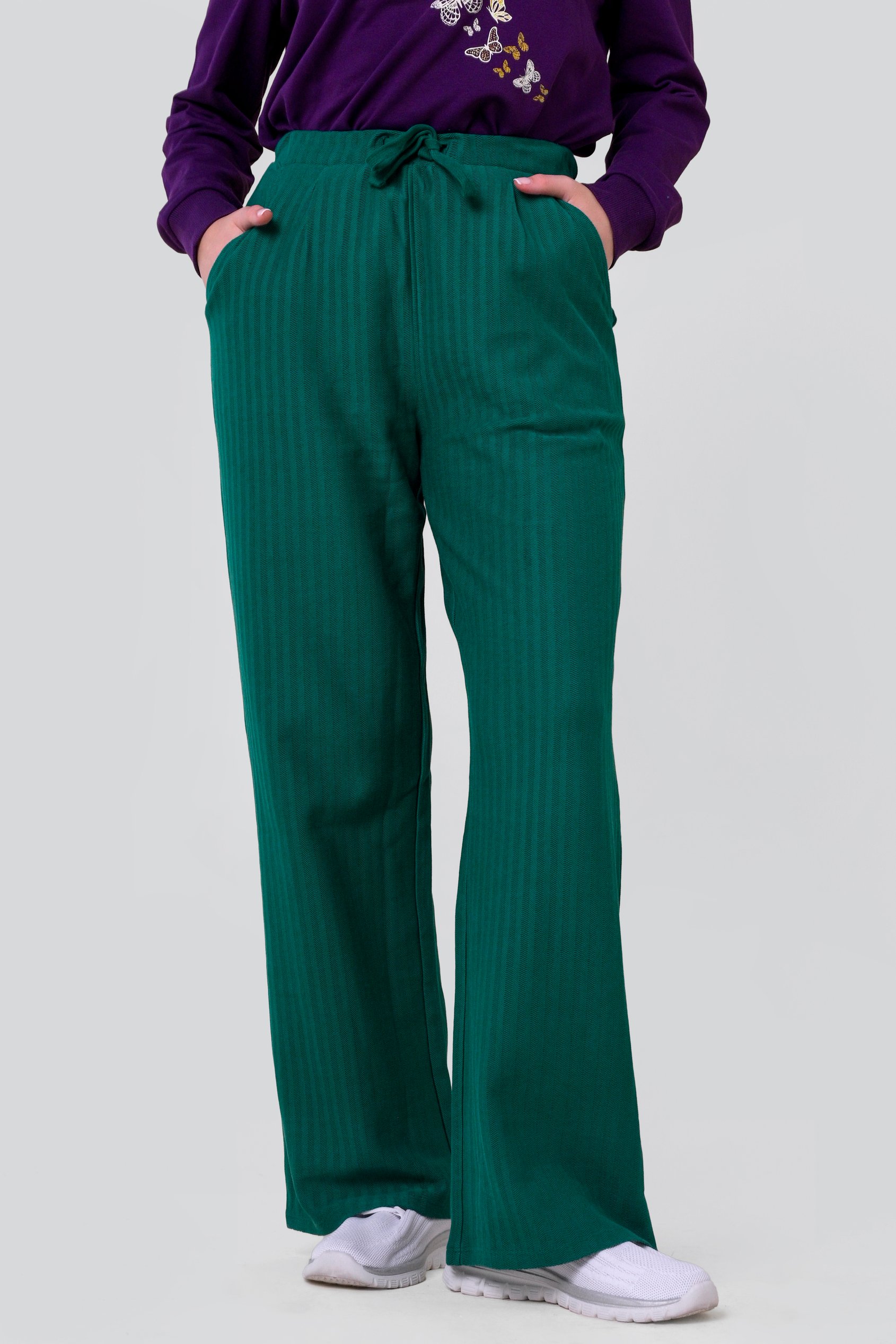 Enorsia Women's Green Herringbone Wide Leg Trouser - Uk 18