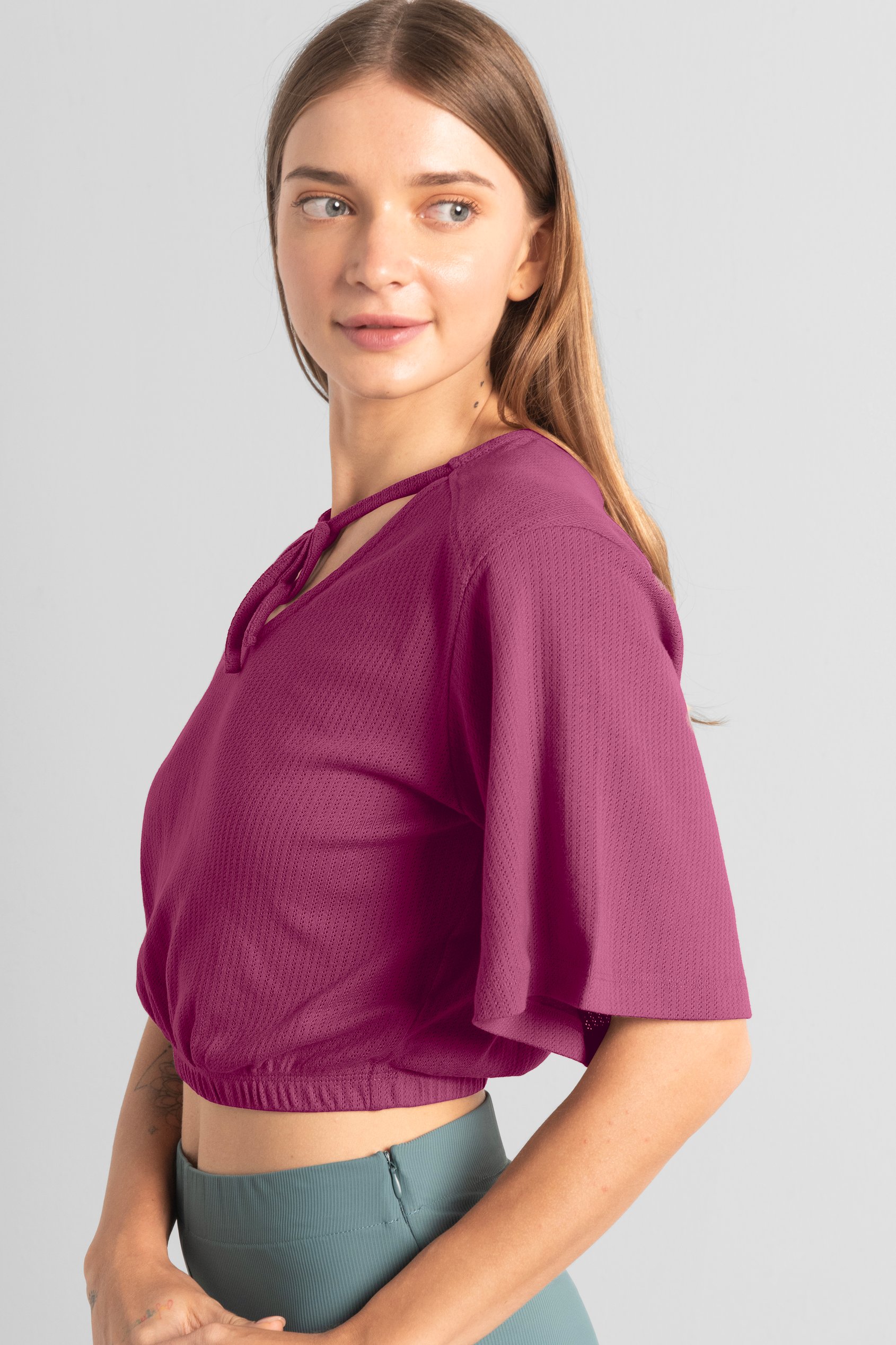 Women Knot Details V-Neck Bell Sleeve Top