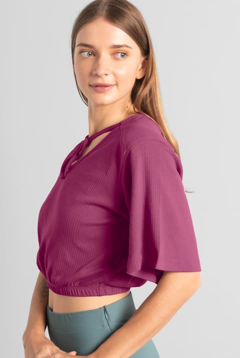 Women Purple Knot Details V-Neck Bell Sleeve Top