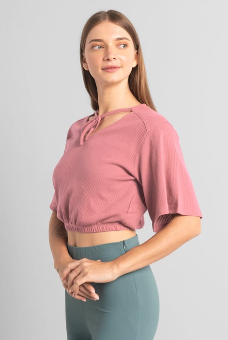 Women Purple Knot Details V-Neck Bell Sleeve Top