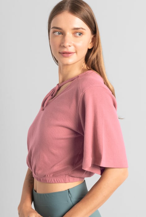 Women Orange Knot Details V-Neck Bell Sleeve Top