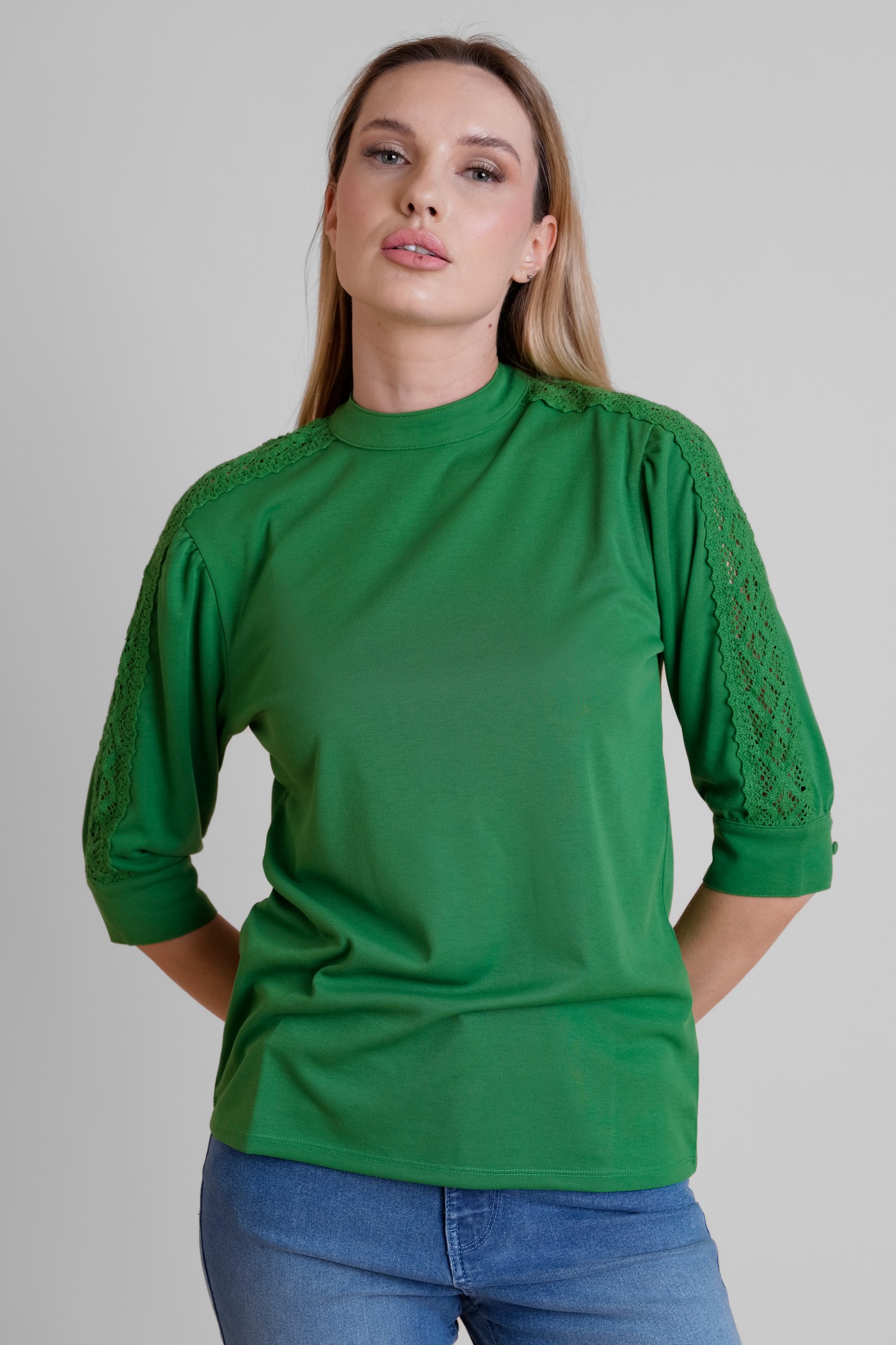 Enorsia Women's Green Lace Detailed Three-Quarter Sleeve Tops - Uk 18