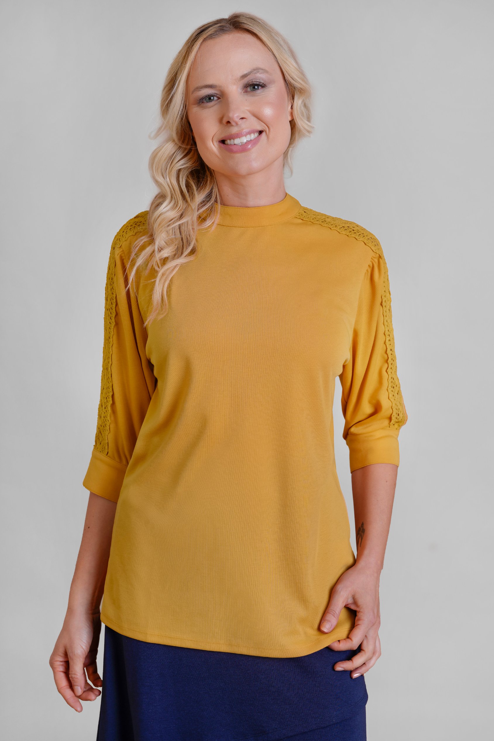 Enorsia Women's Yellow Lace Detailed Three-Quarter Sleeve Tops - Uk 16