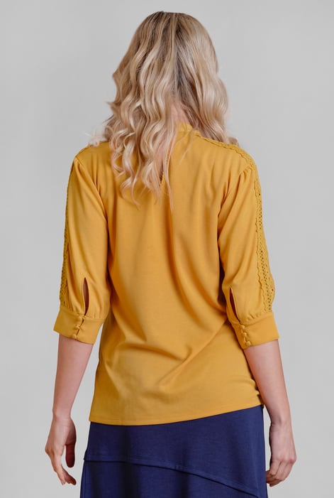 Women's Yellow Lace Detailed Three-Quarter Sleeve Tops