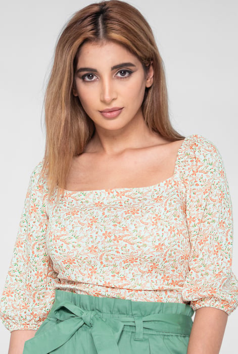Orange Floral Bardot Smocked Crop Top