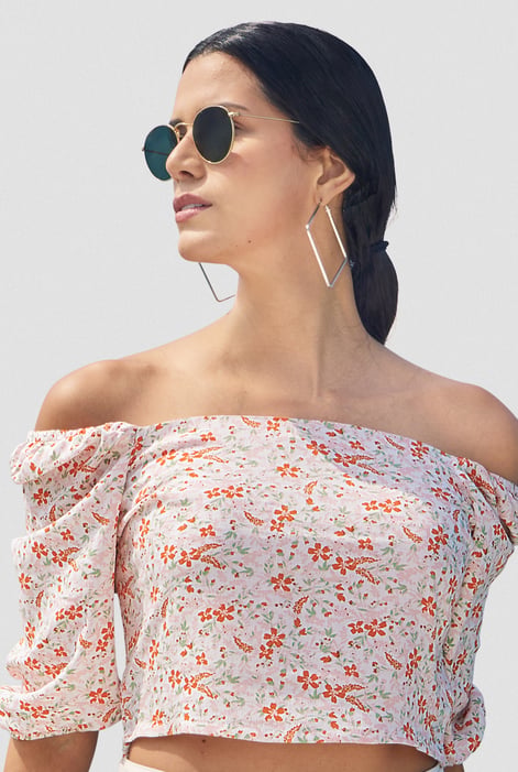 Red Floral Bardot Smocked Crop Top