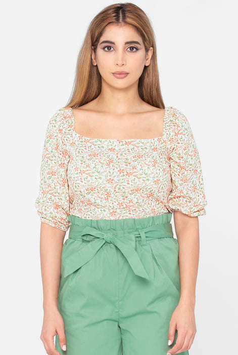 Red Floral Bardot Smocked Crop Top