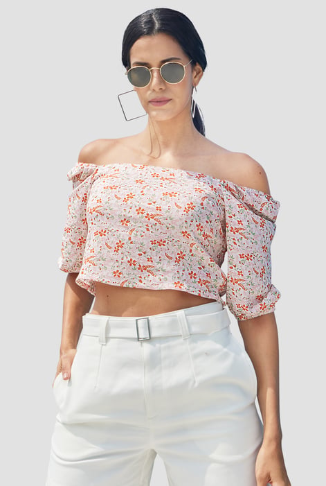 Red Floral Bardot Smocked Crop Top