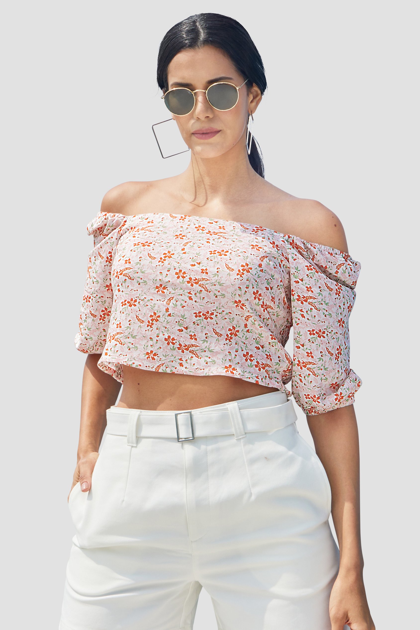 Enorsia Women's Red Floral Bardot Smocked Crop Top - Uk 18