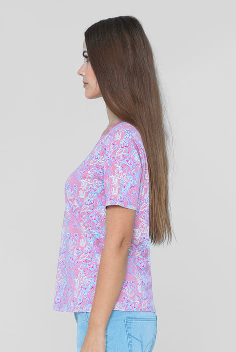 Pink Crayon Leaf Printed T-Shirt