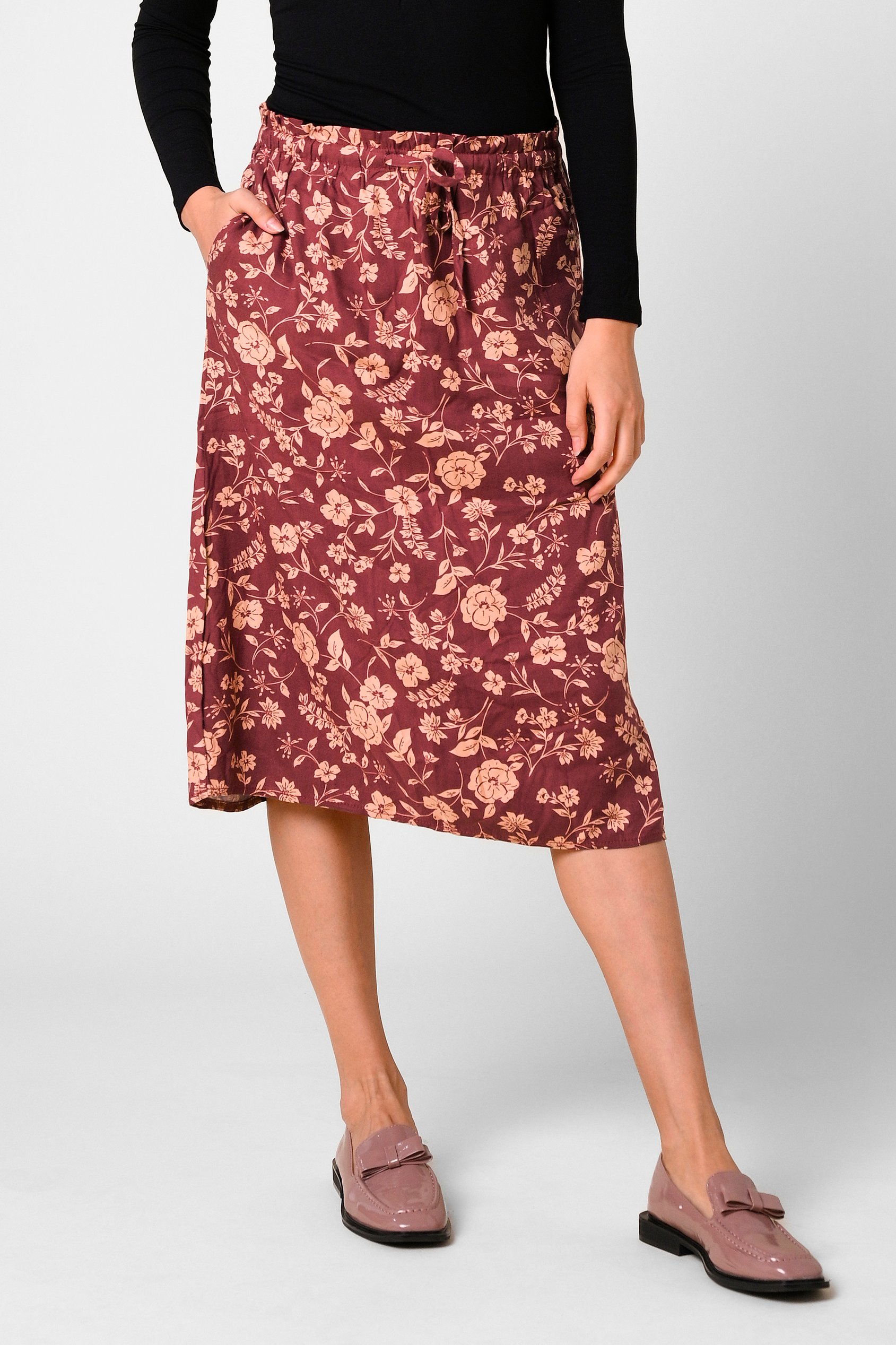 Enorsia Women's Red Floral Print Midi Skirt - Uk 18