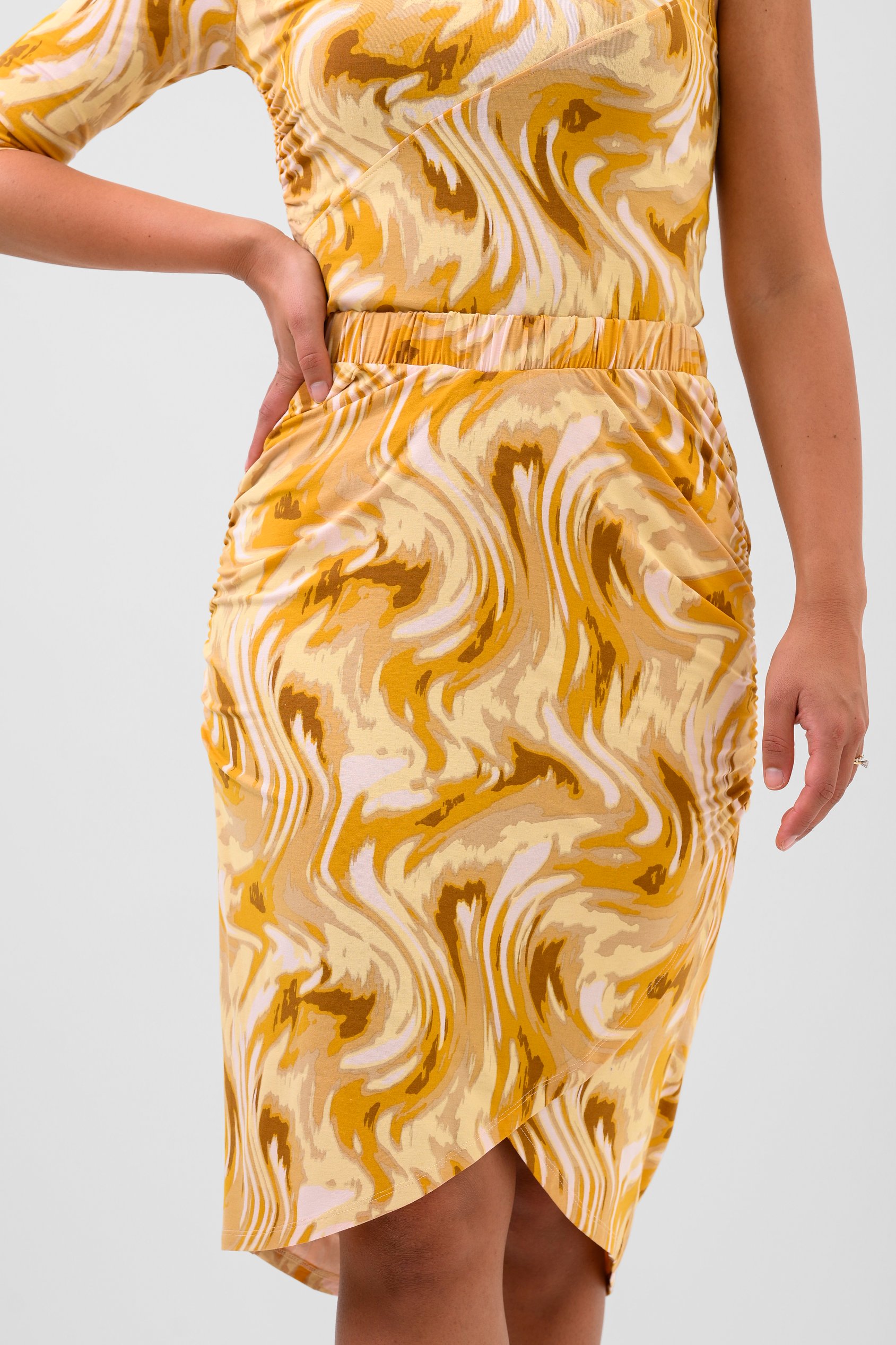 Enorsia Women's Yellow Ruched Warp Midi Skirt - Uk 16