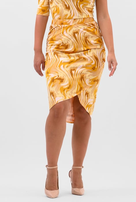 Womens Yellow Ruched Warp Midi Skirt