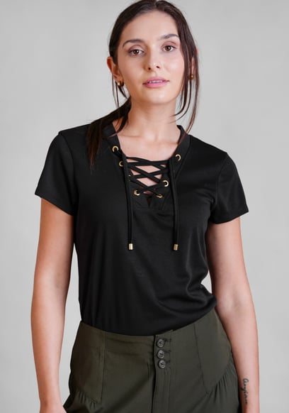 Lace-Up V Neck Short Sleeve Top