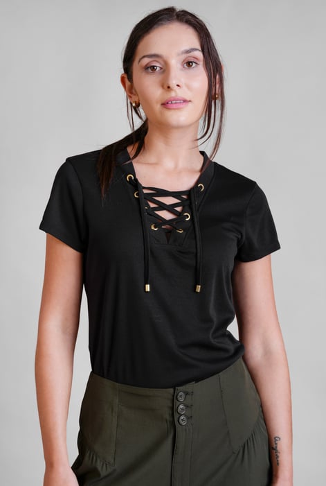 Green Lace-Up V Neck Short Sleeve Top
