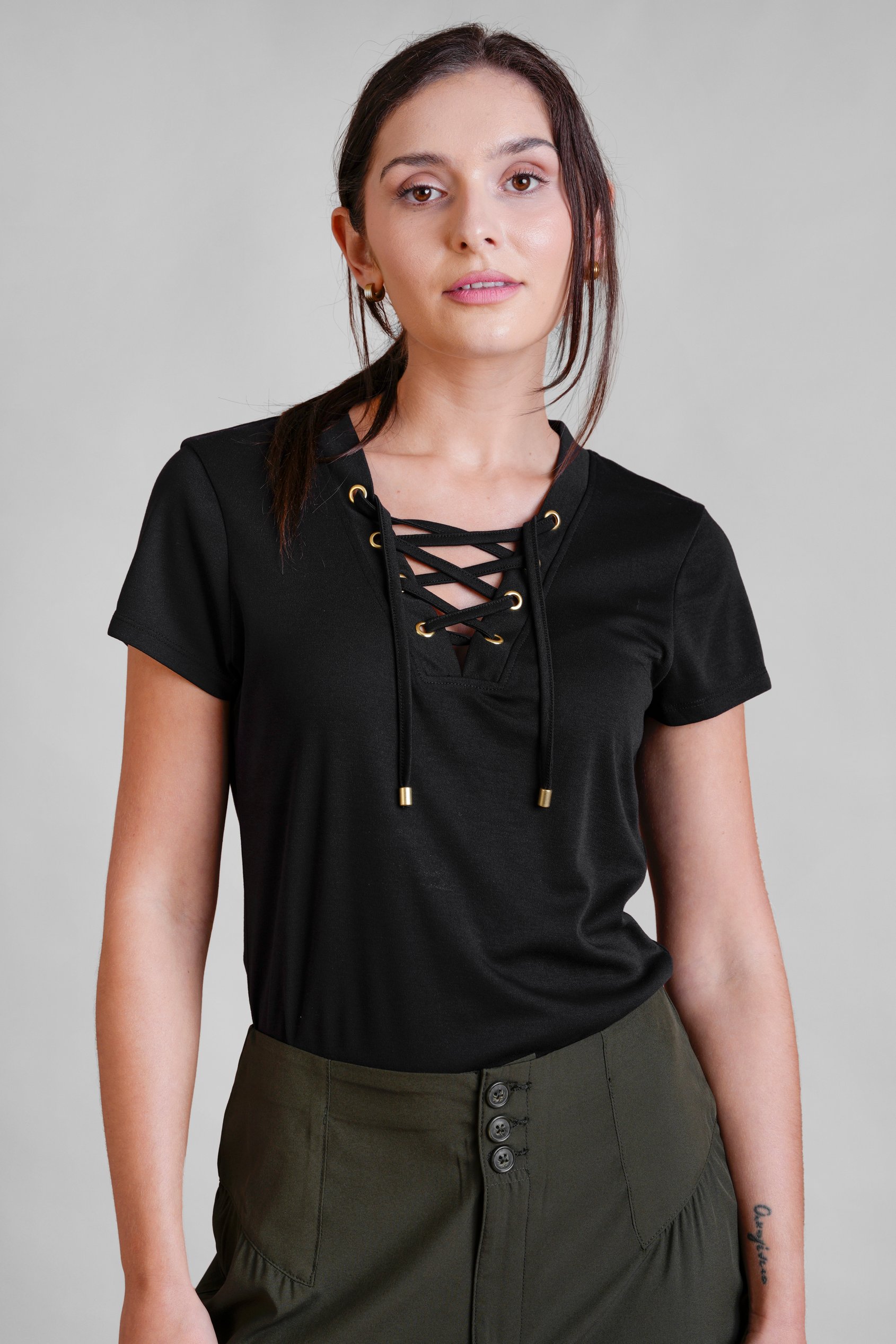 Enorsia Women's Black V Neck Drawcord Jersey Top - Uk 18