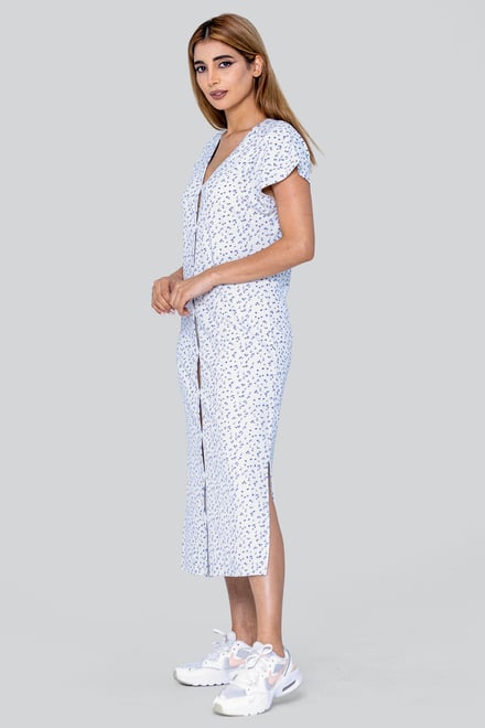 Button Front Printed Ribbed Midi dress