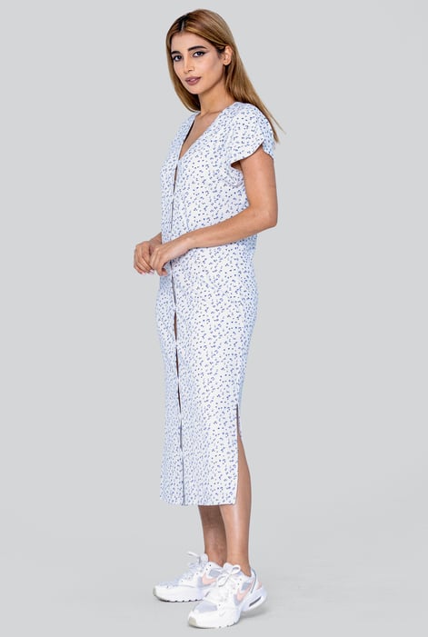 Grey Button Front Printed Ribbed Midi dress