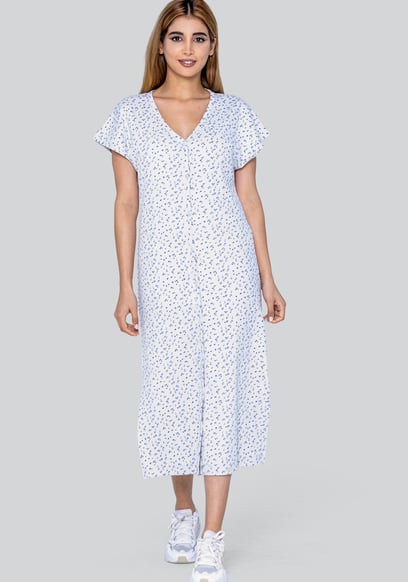 Button Front Printed Ribbed Midi dress