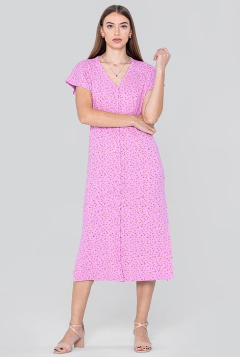 Pink Button Front Printed Ribbed Midi dress