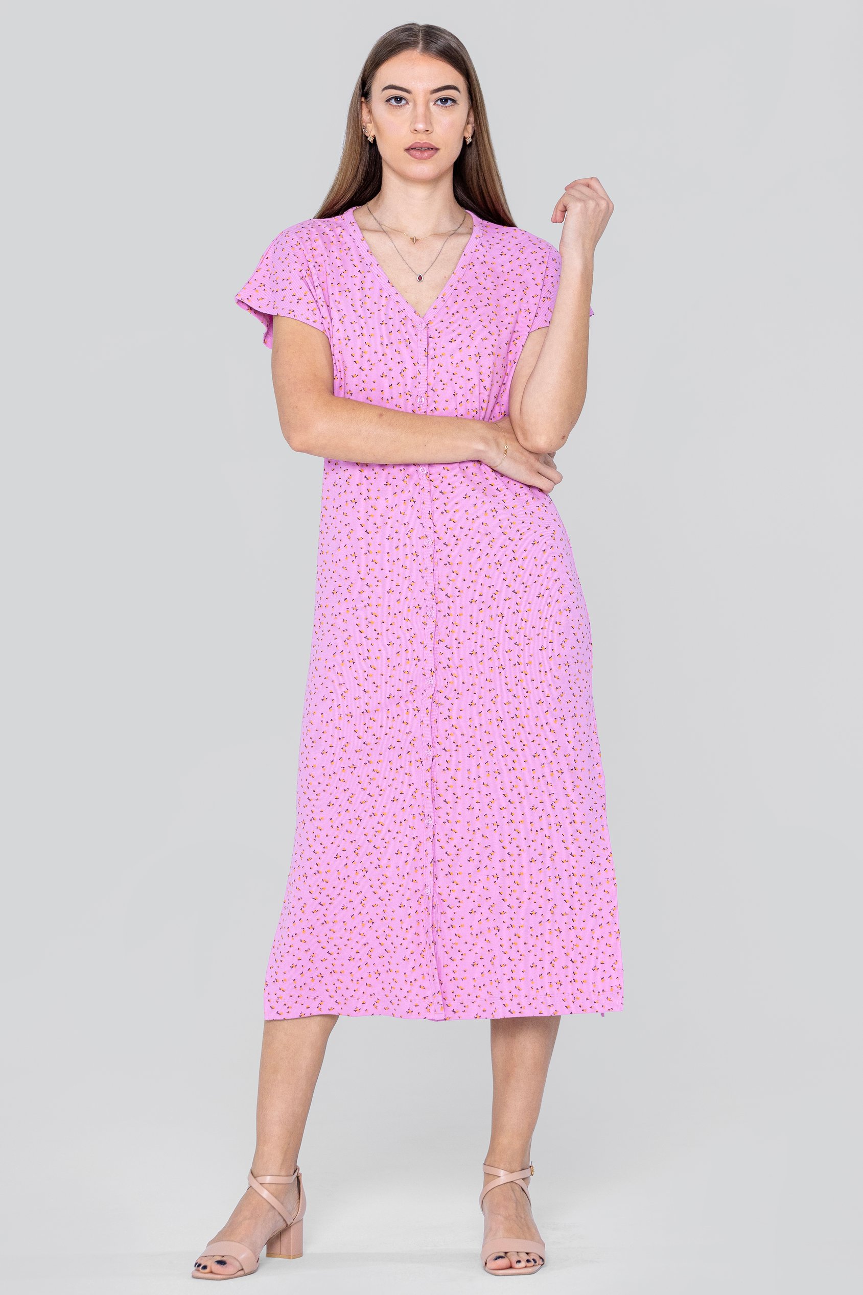 Enorsia Women's Pink Button Front Printed Ribbed Midi Dress - Uk 12