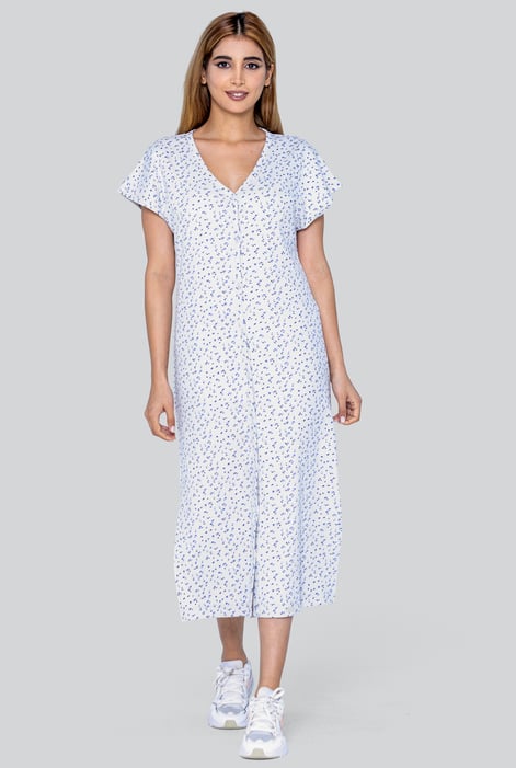 Pink Button Front Printed Ribbed Midi dress