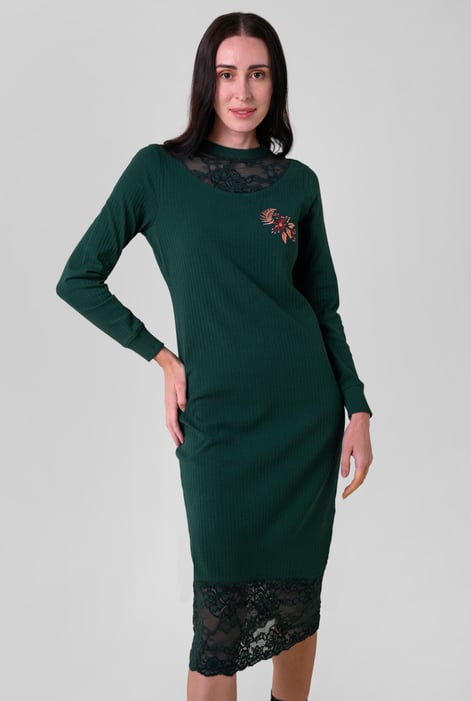 Lace Neck Ribbed Midi Dress